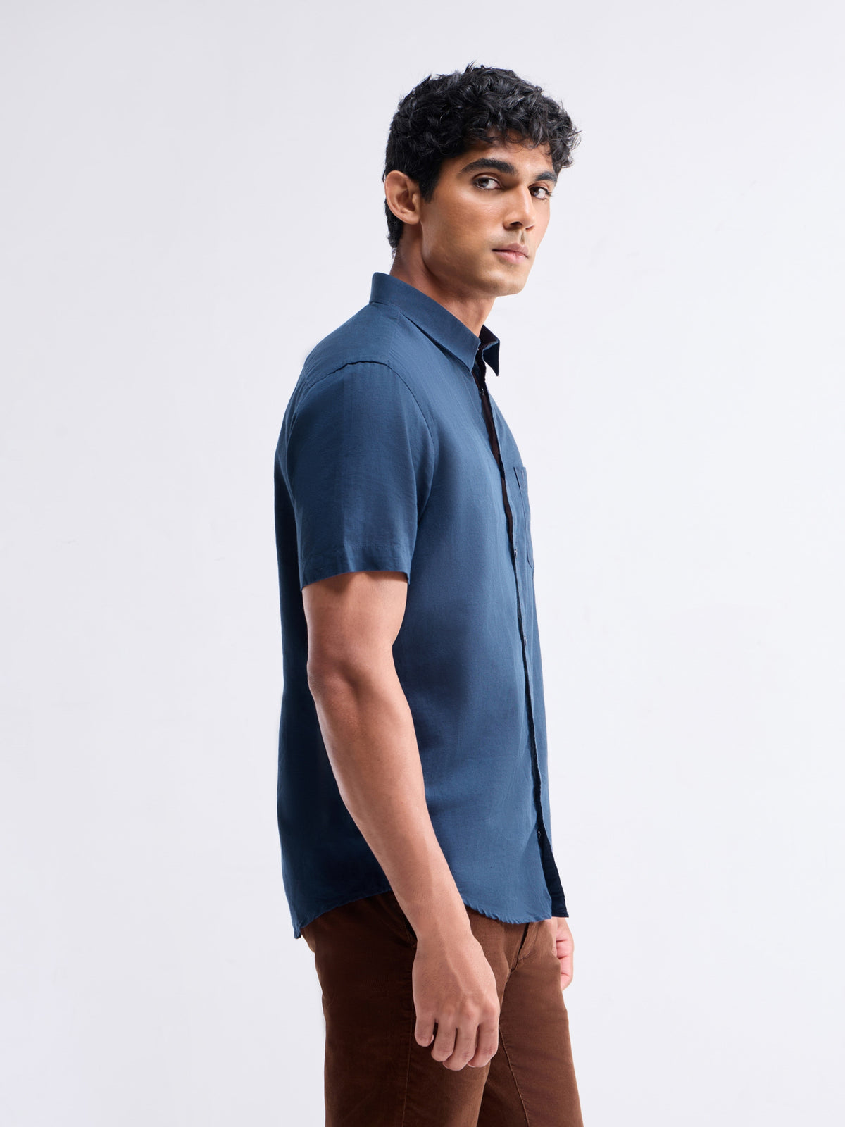 Solid Half Sleeve Cotton Blend Shirt - Navy t4option_0