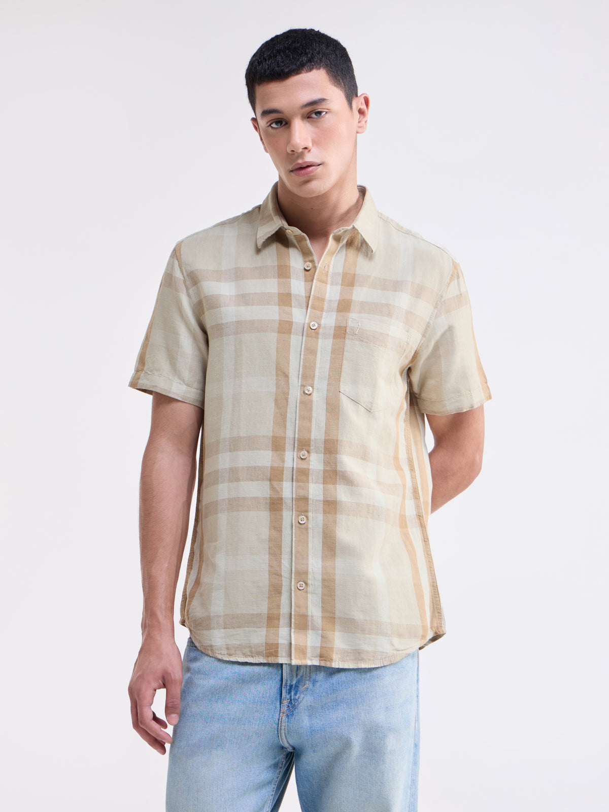 Check Half Sleeve Cotton Linen Shirt - Tan t4option_0