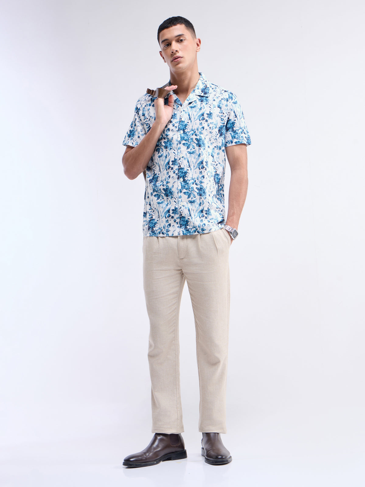 Printed Half Sleeve Cotton Shirt - Denim t4option_0