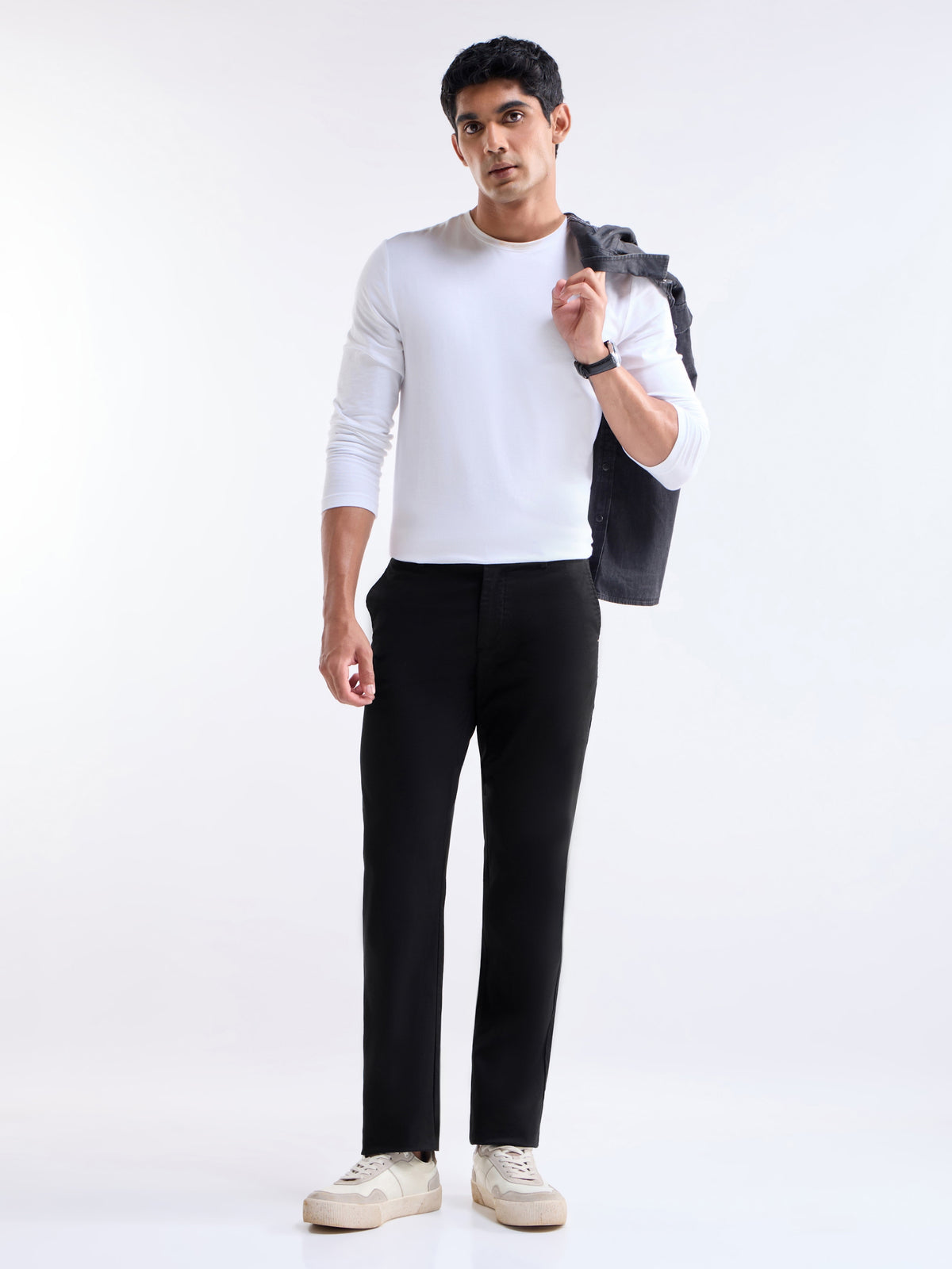 Twill Regular Fit Cotton Stretch Trouser - Black t4option_0
