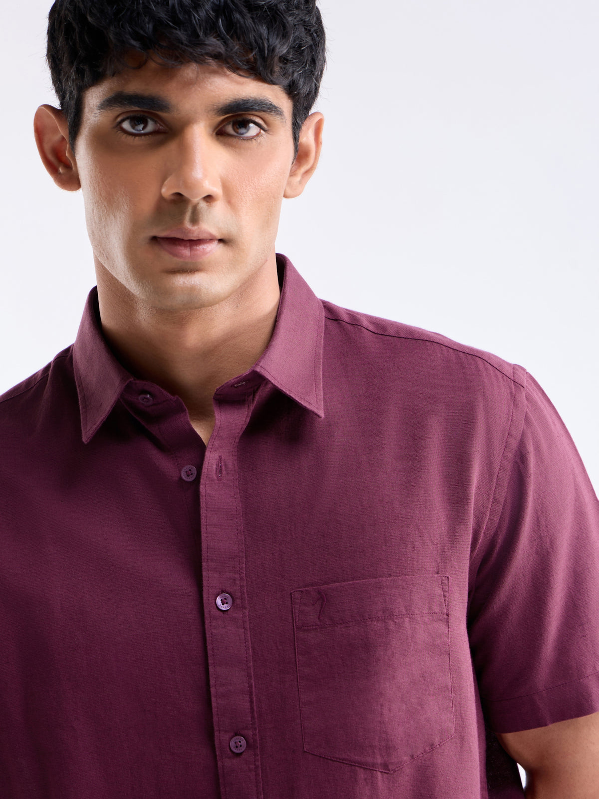 Solid Half Sleeve Cotton Linen Shirt - Burgundy t4option_0