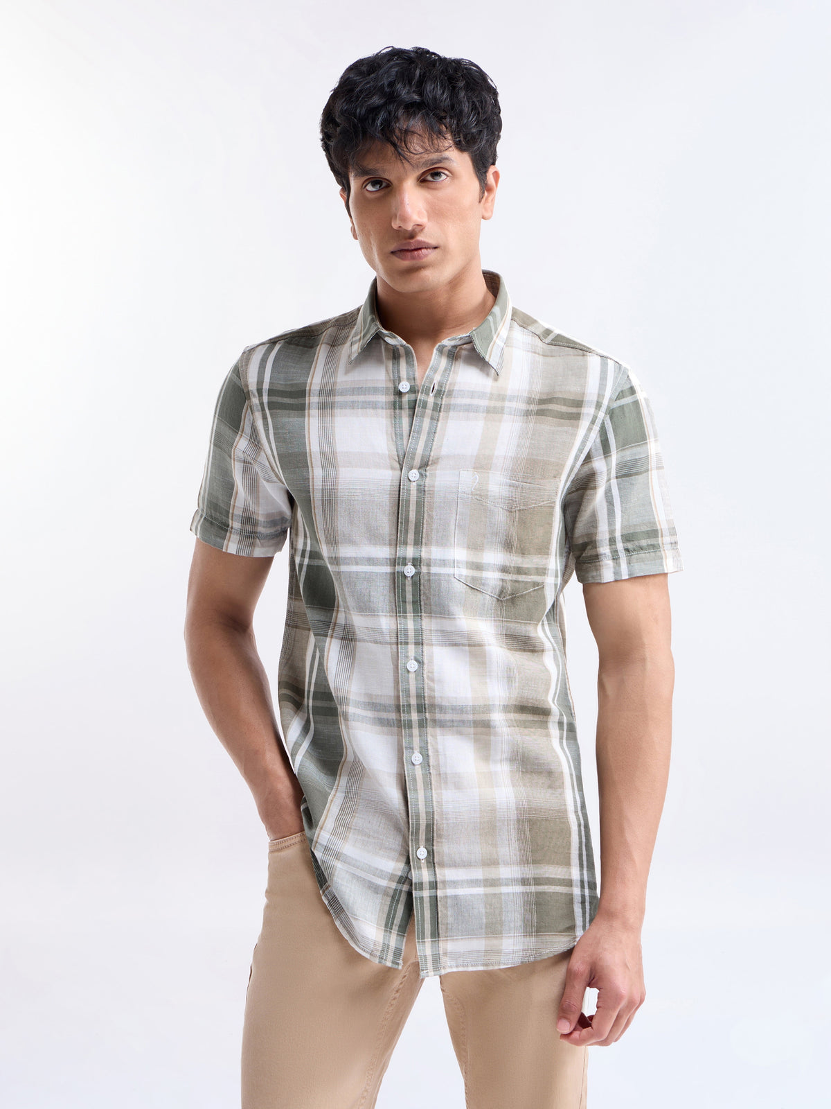 Check Half Sleeve Cotton Linen Shirt - Olive t4option_0