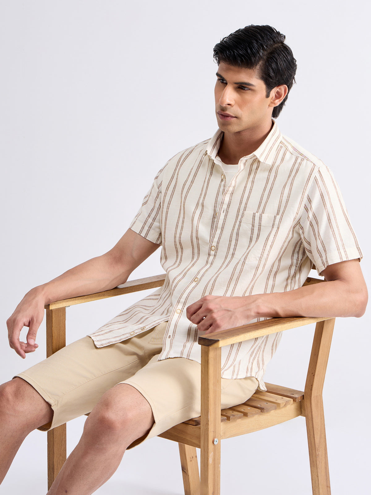 Striped Half Sleeve Cotton Shirt - Beige t4option_0