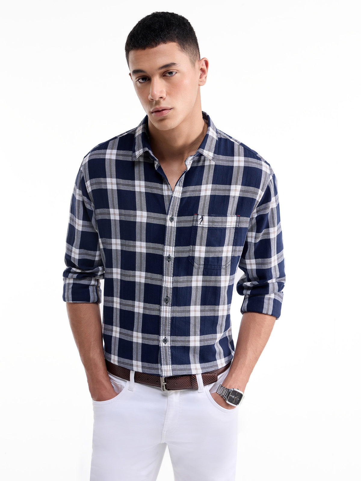 Check Full Sleeve Cotton Shirt - Navy t4option_0