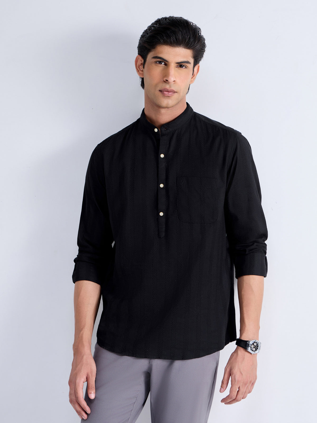 Striped Full Sleeve Cotton Shirt - Black t4option_0