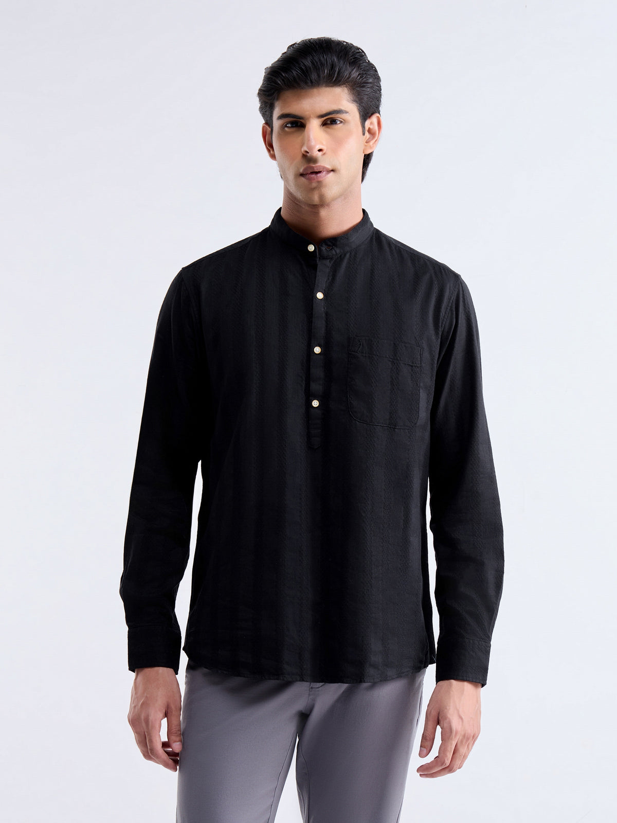 Striped Full Sleeve Cotton Shirt - Black t4option_0