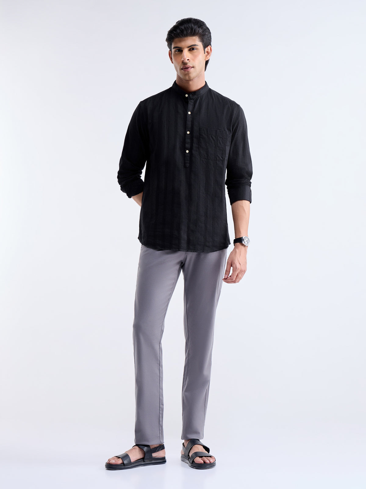 Striped Full Sleeve Cotton Shirt - Black t4option_0