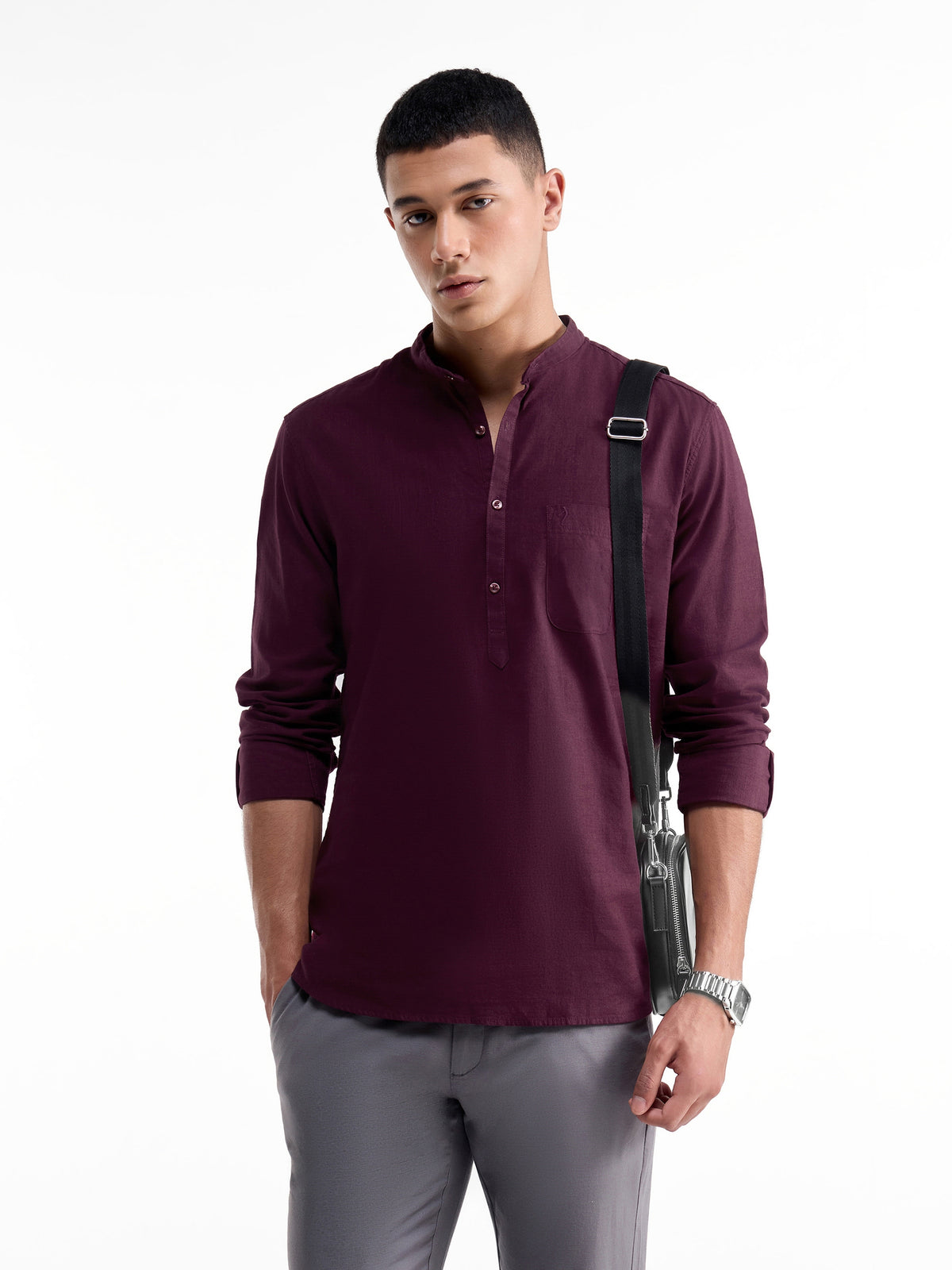Solid Full Sleeve Cotton Shirt - Burgundy t4option_2