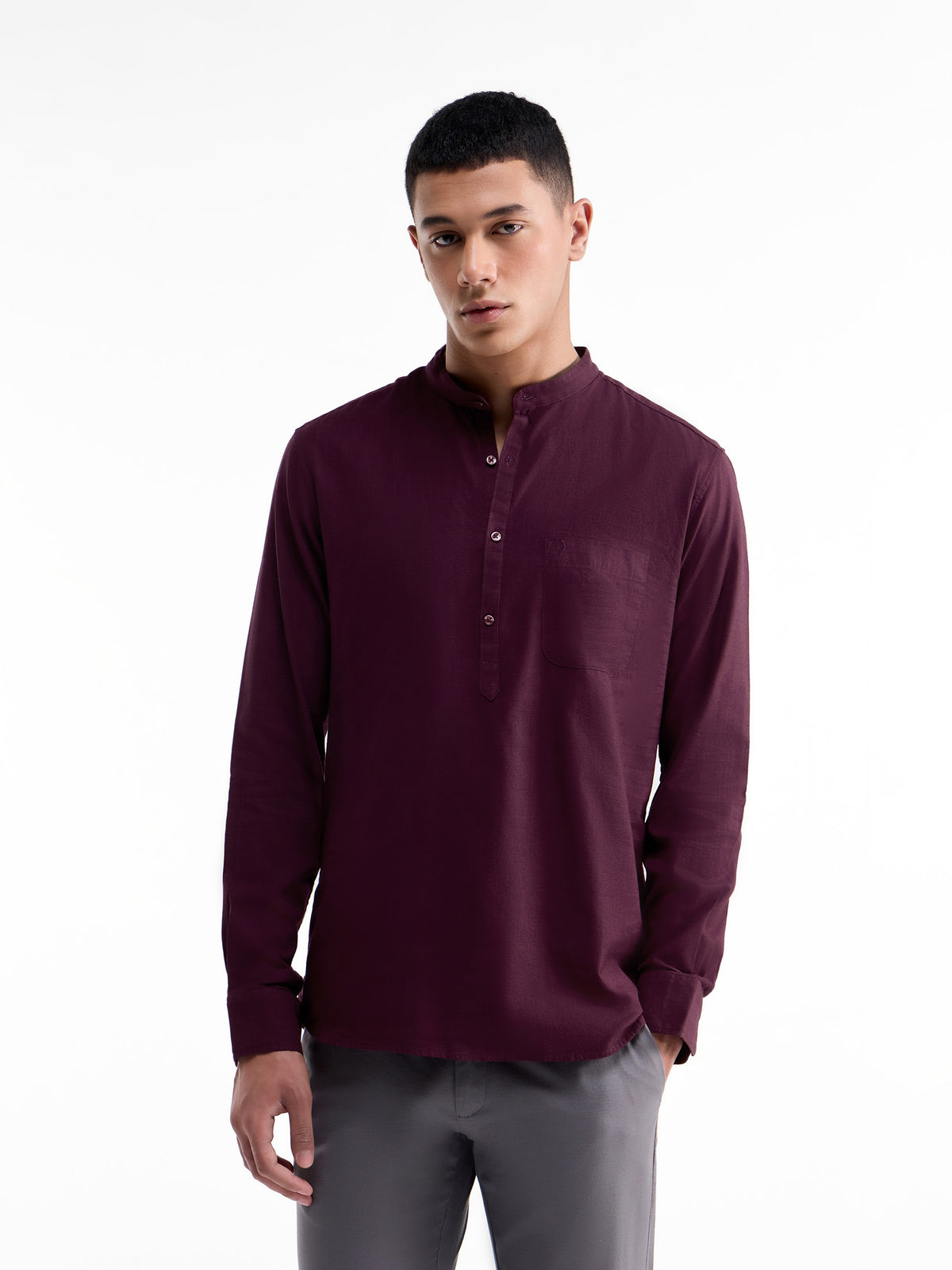 Solid Full Sleeve Cotton Shirt - Burgundy t4option_2