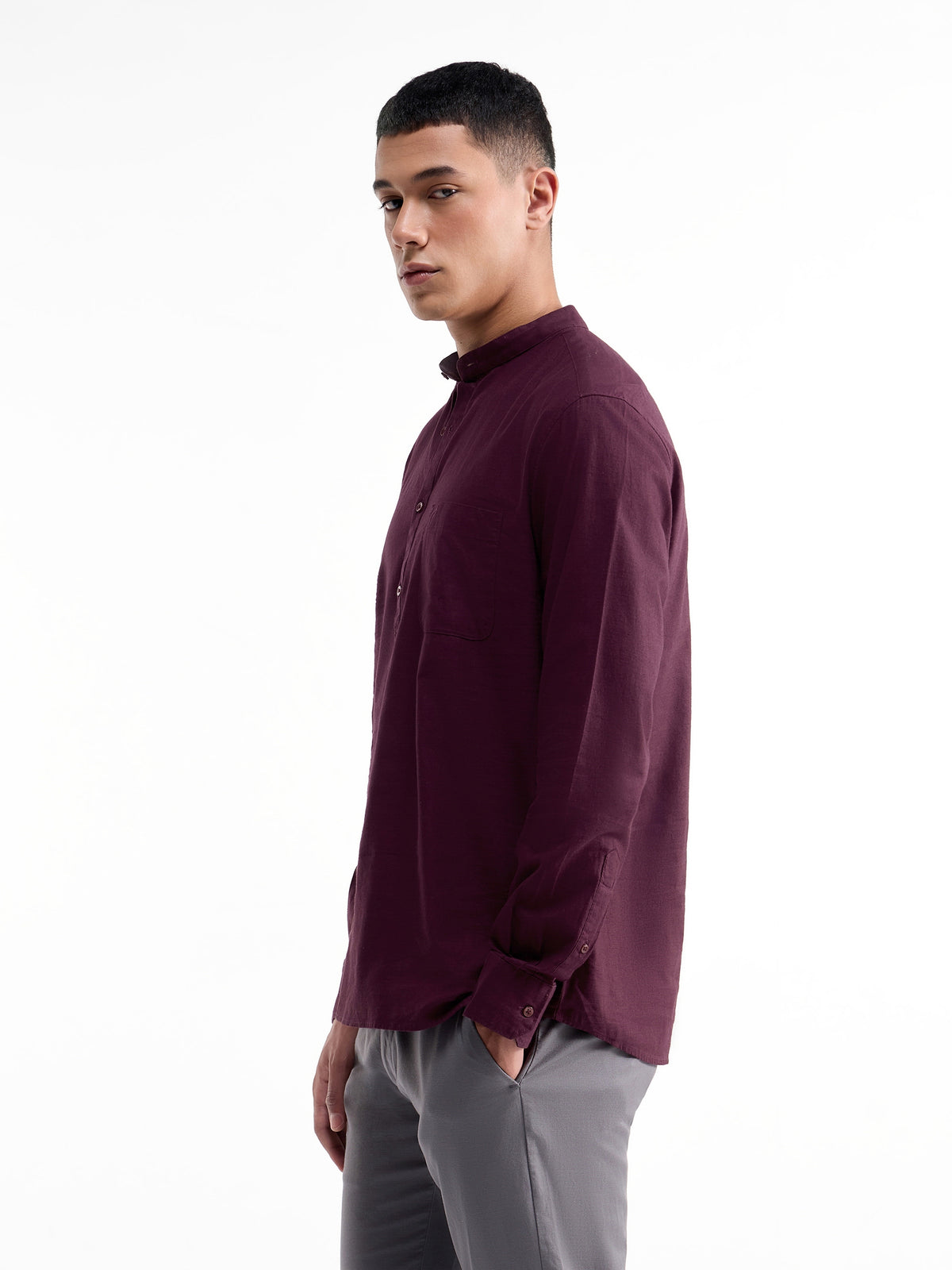 Solid Full Sleeve Cotton Shirt - Burgundy t4option_2