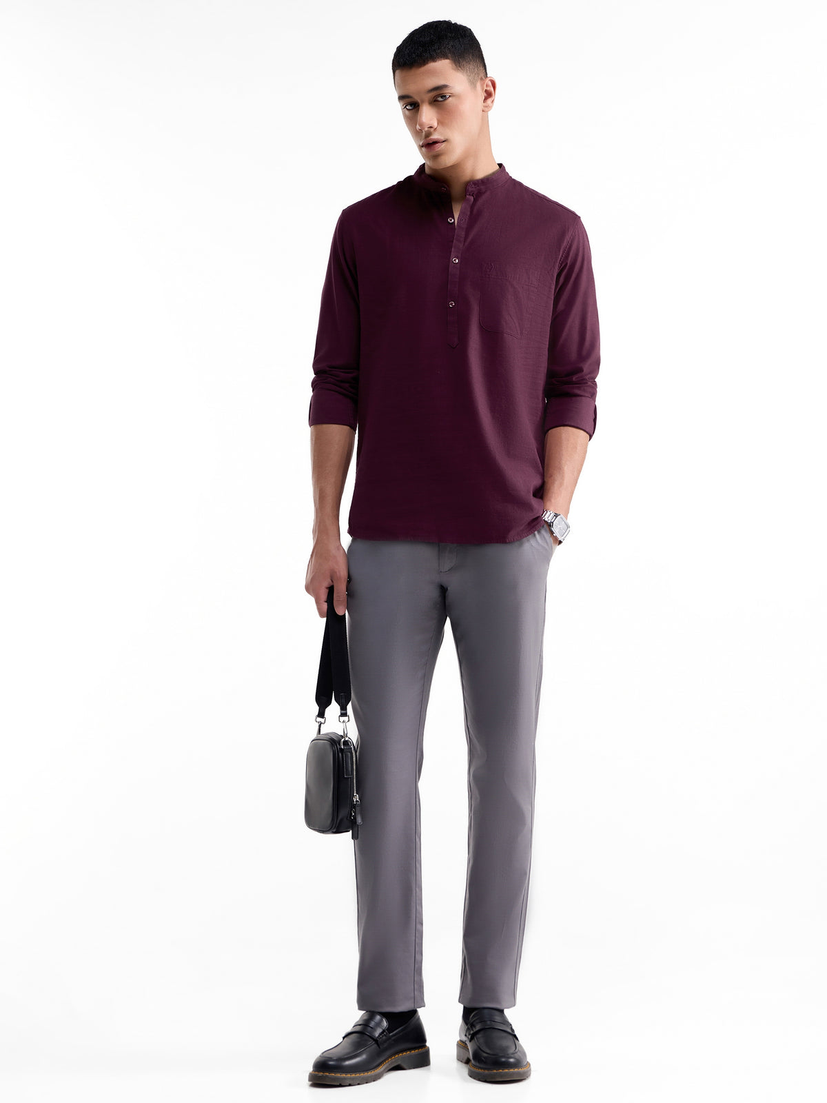 Solid Full Sleeve Cotton Shirt - Burgundy t4option_2