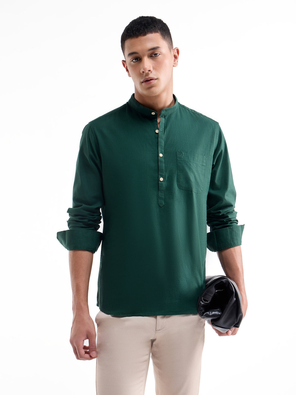 Solid Full Sleeve Cotton Shirt - Green t4option_3