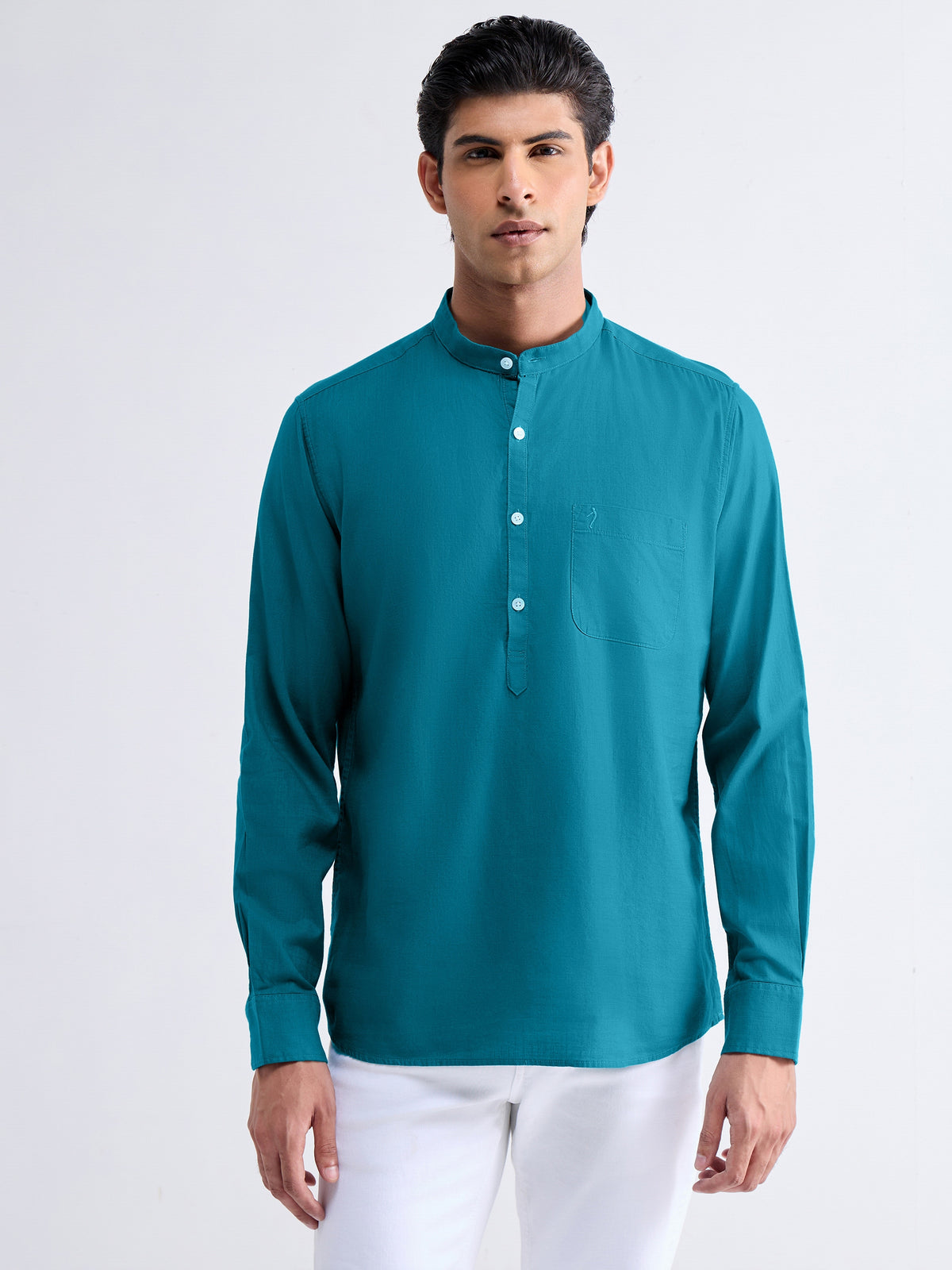 Solid Full Sleeve Cotton Shirt - Teal t4option_0