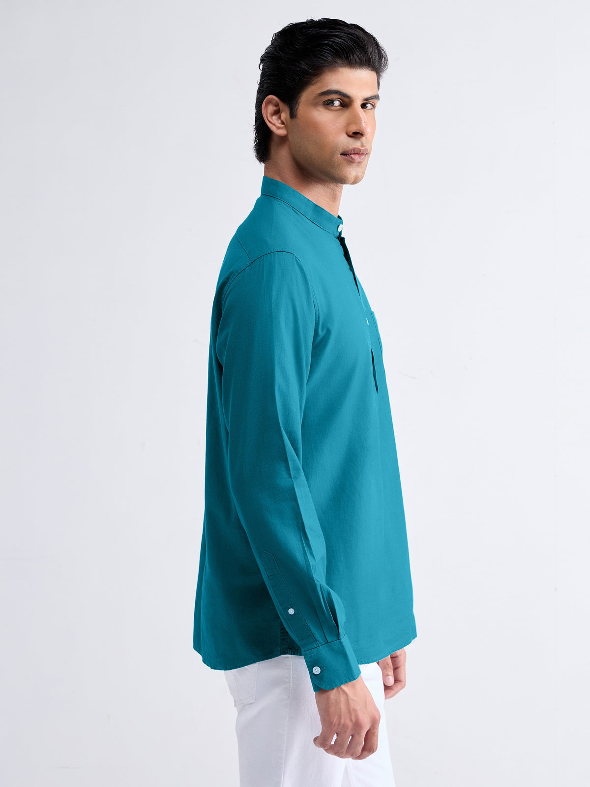 Solid Full Sleeve Cotton Shirt - Teal t4option_0