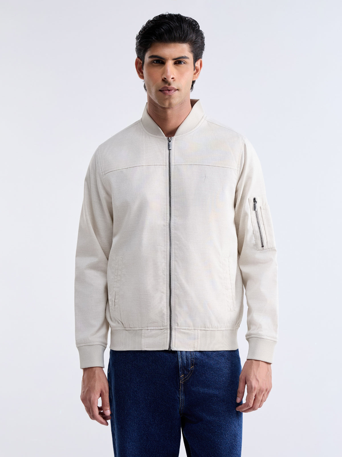 Solid Full Sleeve Bomber Jacket - Natural t4option_0