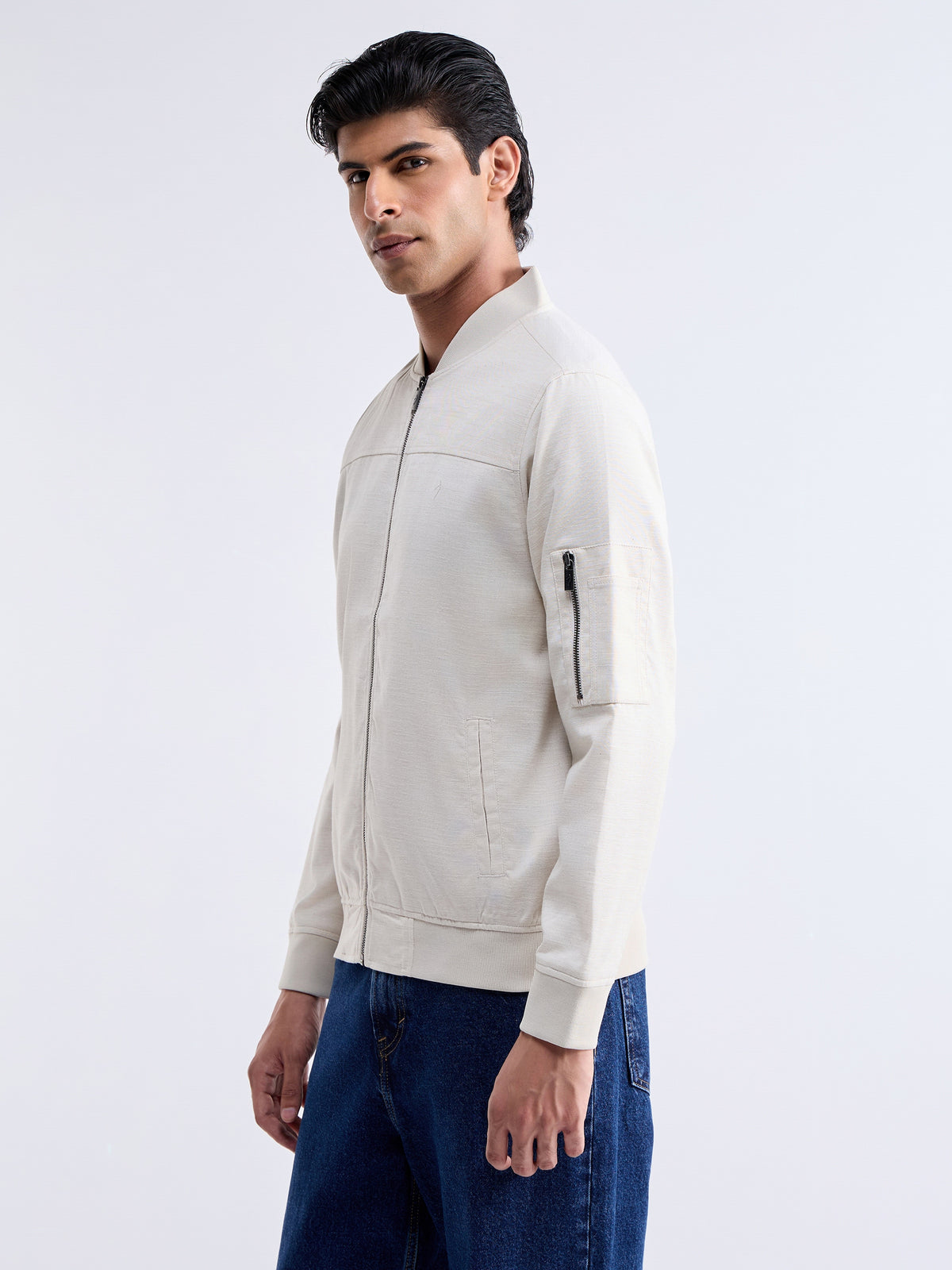 Solid Full Sleeve Bomber Jacket - Natural t4option_0