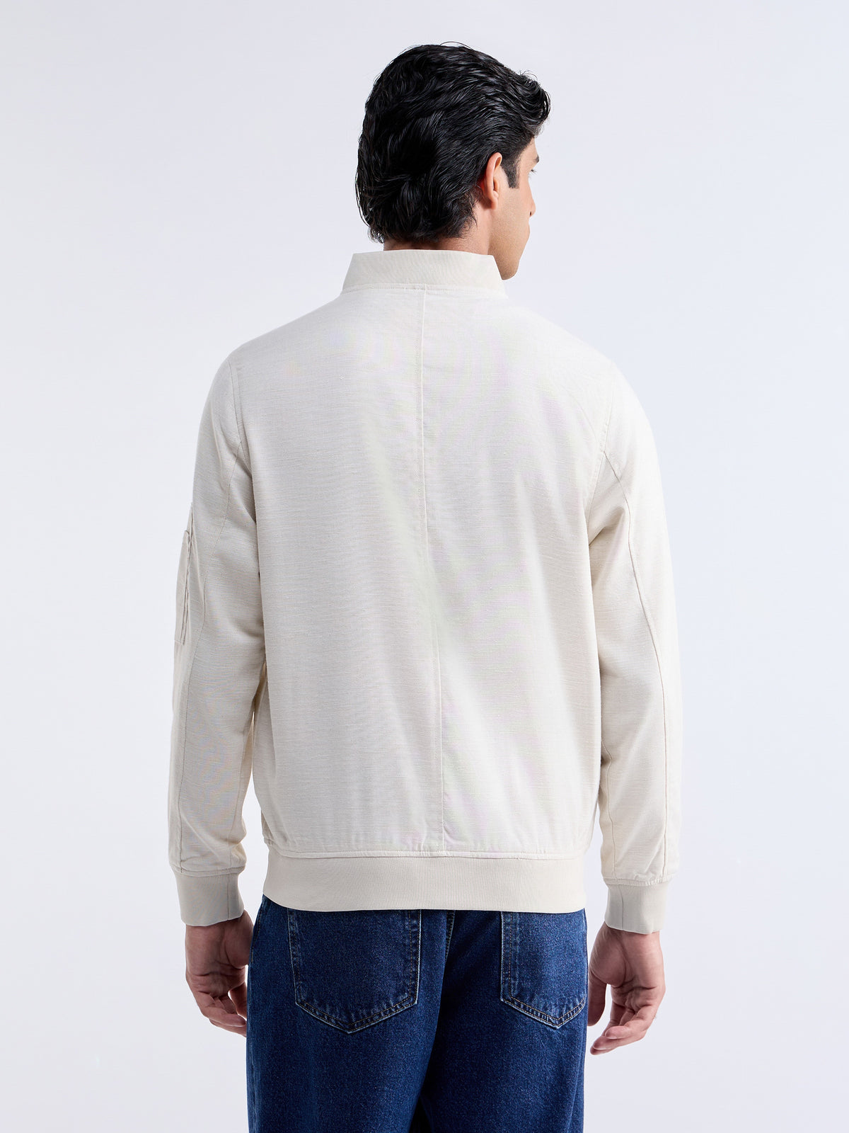 Solid Full Sleeve Bomber Jacket - Natural t4option_0