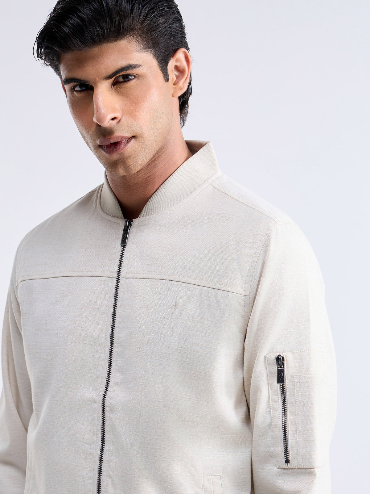 Solid Full Sleeve Bomber Jacket - Natural t4option_0
