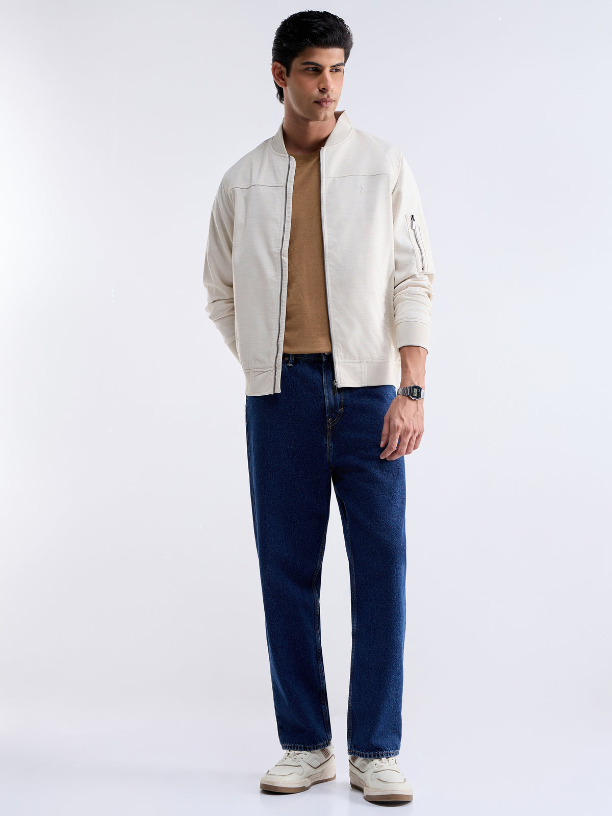 Solid Full Sleeve Bomber Jacket - Natural t4option_0