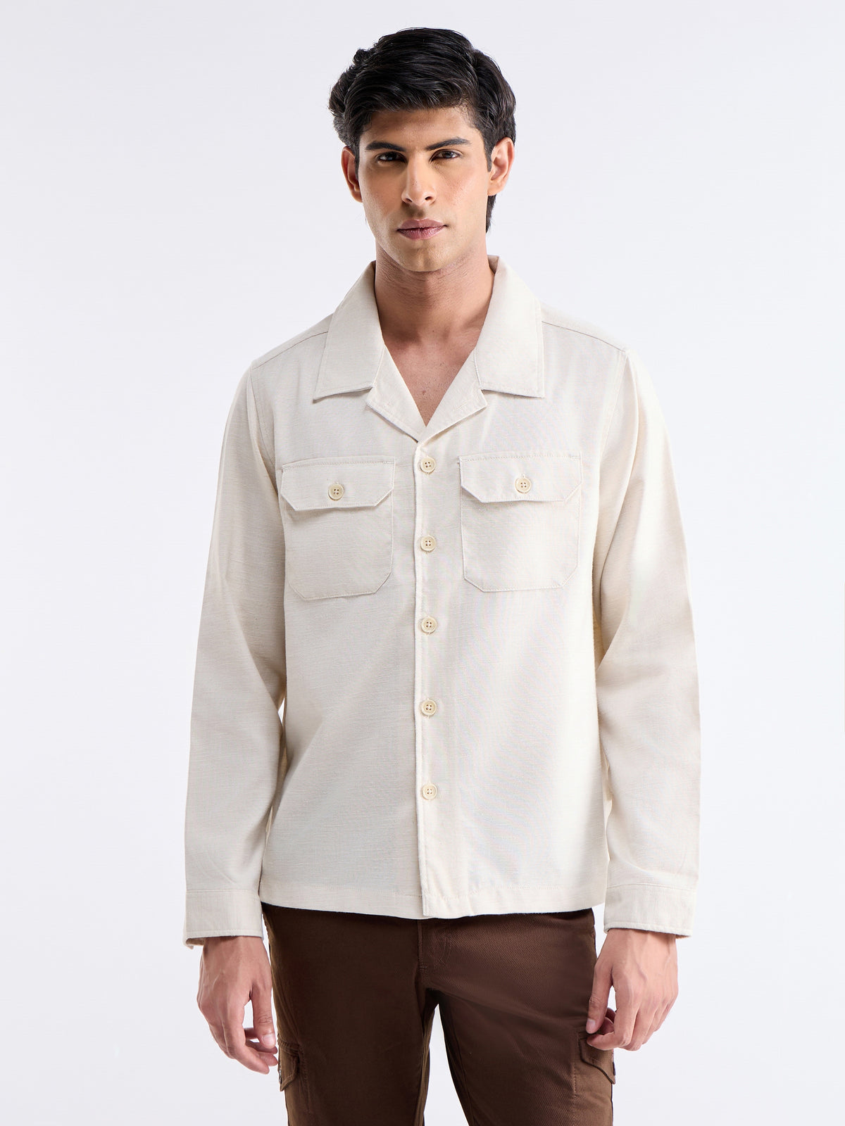 Solid Full Sleeve Shacket Jacket - Ecru t4option_0