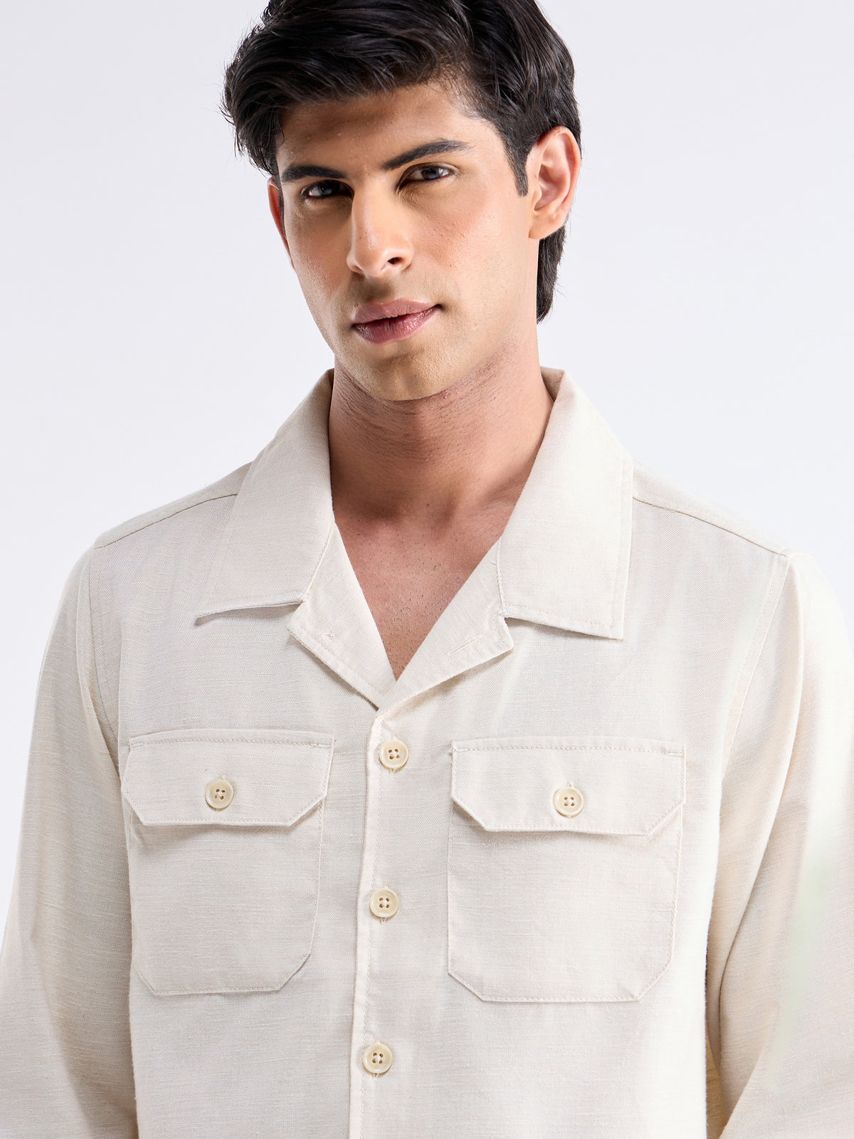 Solid Full Sleeve Shacket Jacket - Ecru t4option_0