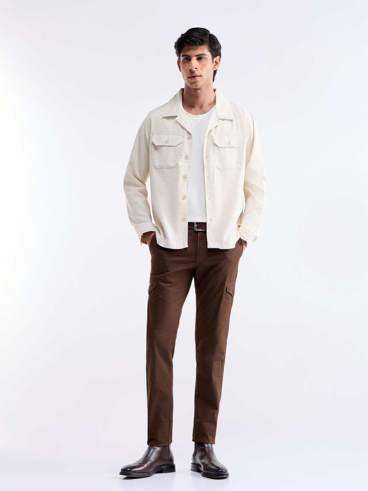 Solid Full Sleeve Shacket Jacket - Ecru t4option_0