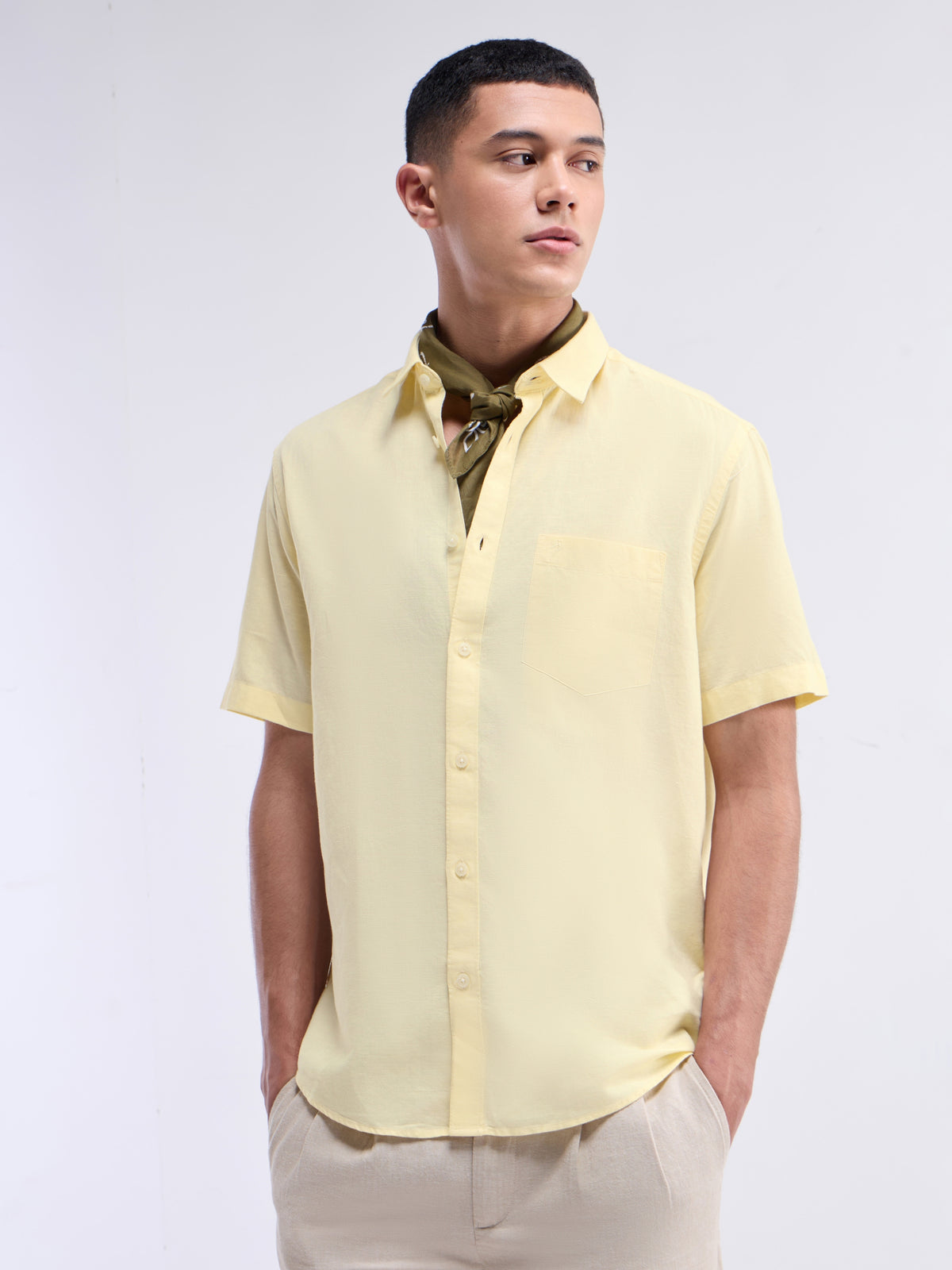 Solid Half Sleeve Cotton Blend Shirt - Yellow t4option_9