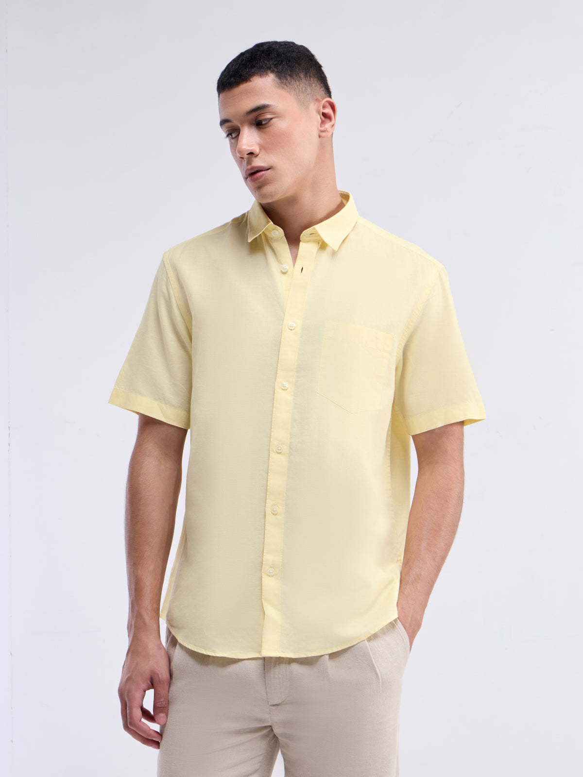 Solid Half Sleeve Cotton Blend Shirt - Yellow t4option_9