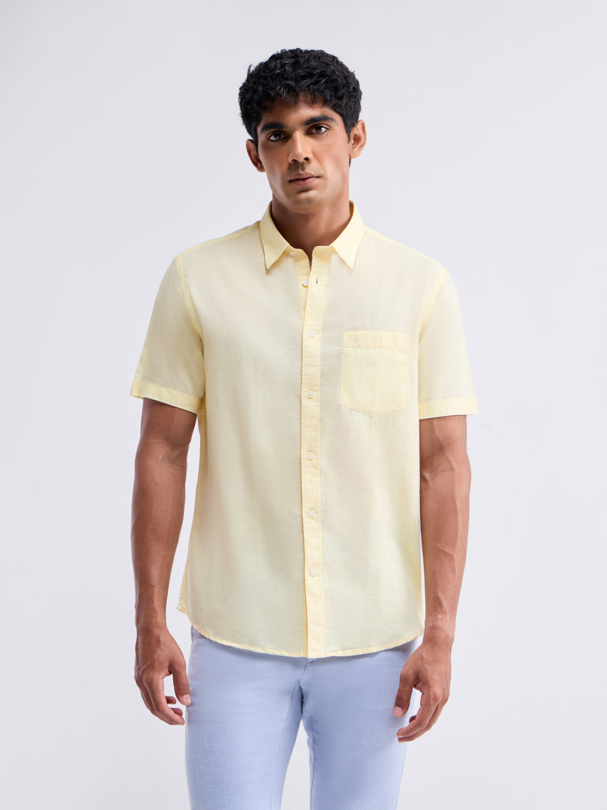 Solid Half Sleeve Cotton Blend Shirt - Yellow t4option_9