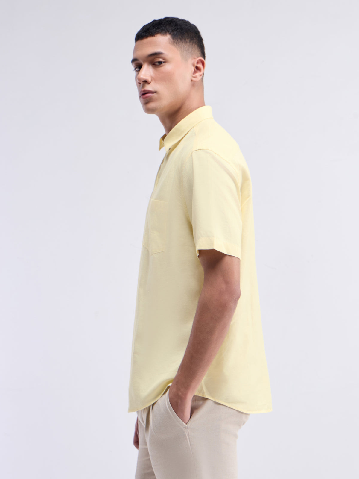 Solid Half Sleeve Cotton Blend Shirt - Yellow t4option_9