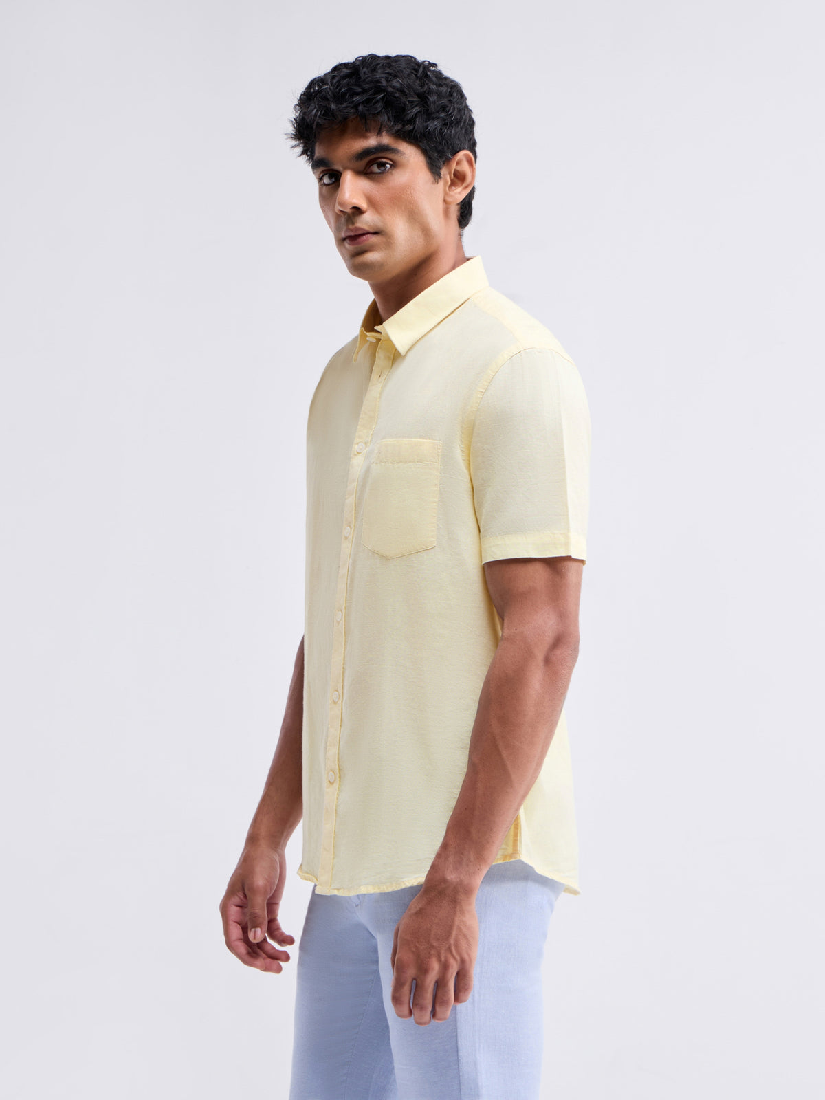 Solid Half Sleeve Cotton Blend Shirt - Yellow t4option_9