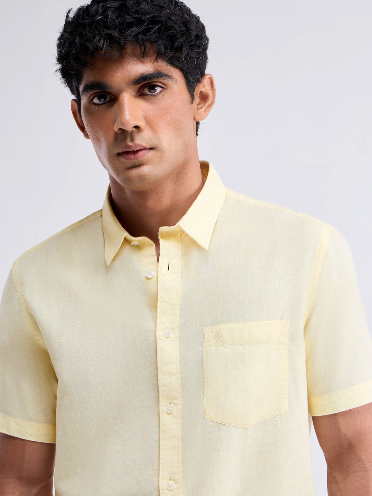 Solid Half Sleeve Cotton Blend Shirt - Yellow t4option_9