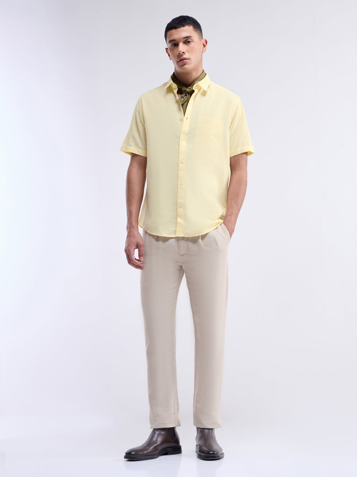 Solid Half Sleeve Cotton Blend Shirt - Yellow t4option_9