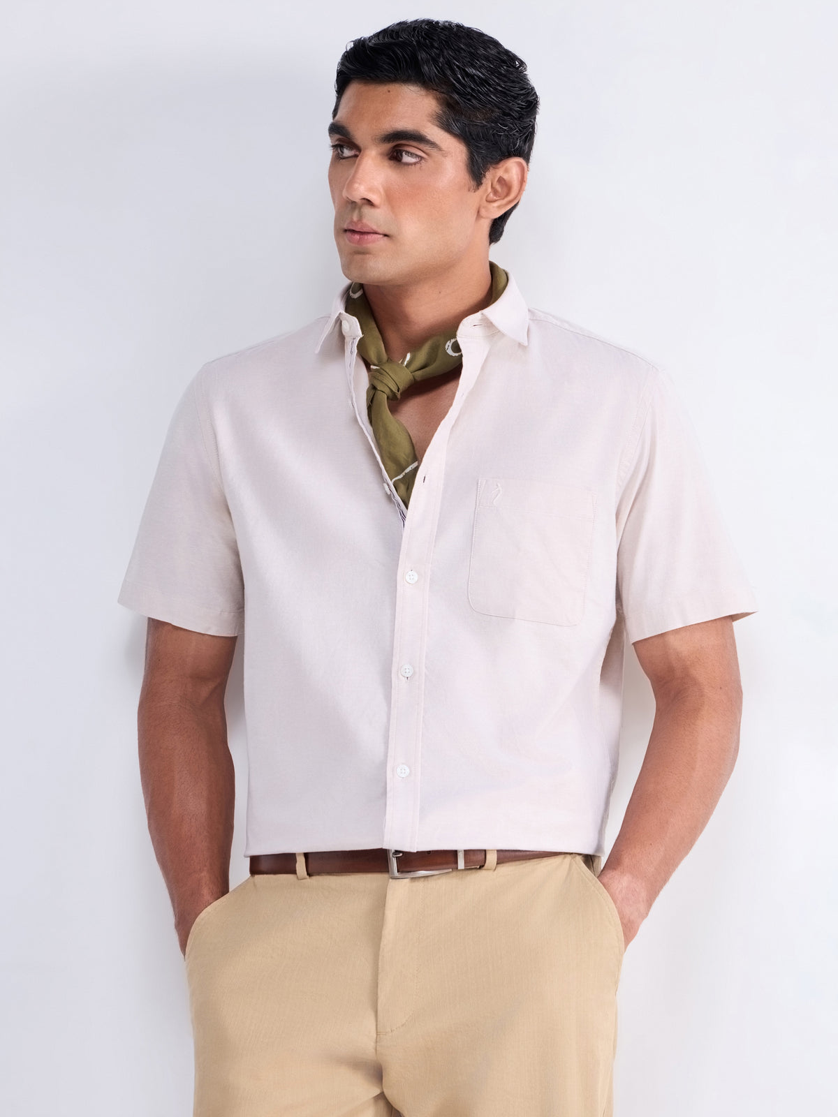 Solid Half Sleeve Cotton Stretch Shirt - Khaki t4option_0