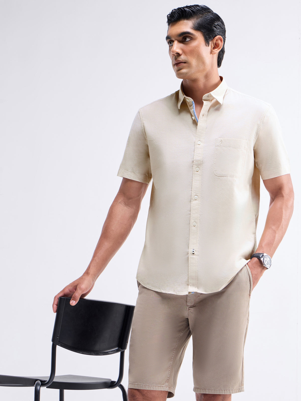 Solid Half Sleeve Cotton Stretch Shirt - Khaki t4option_0