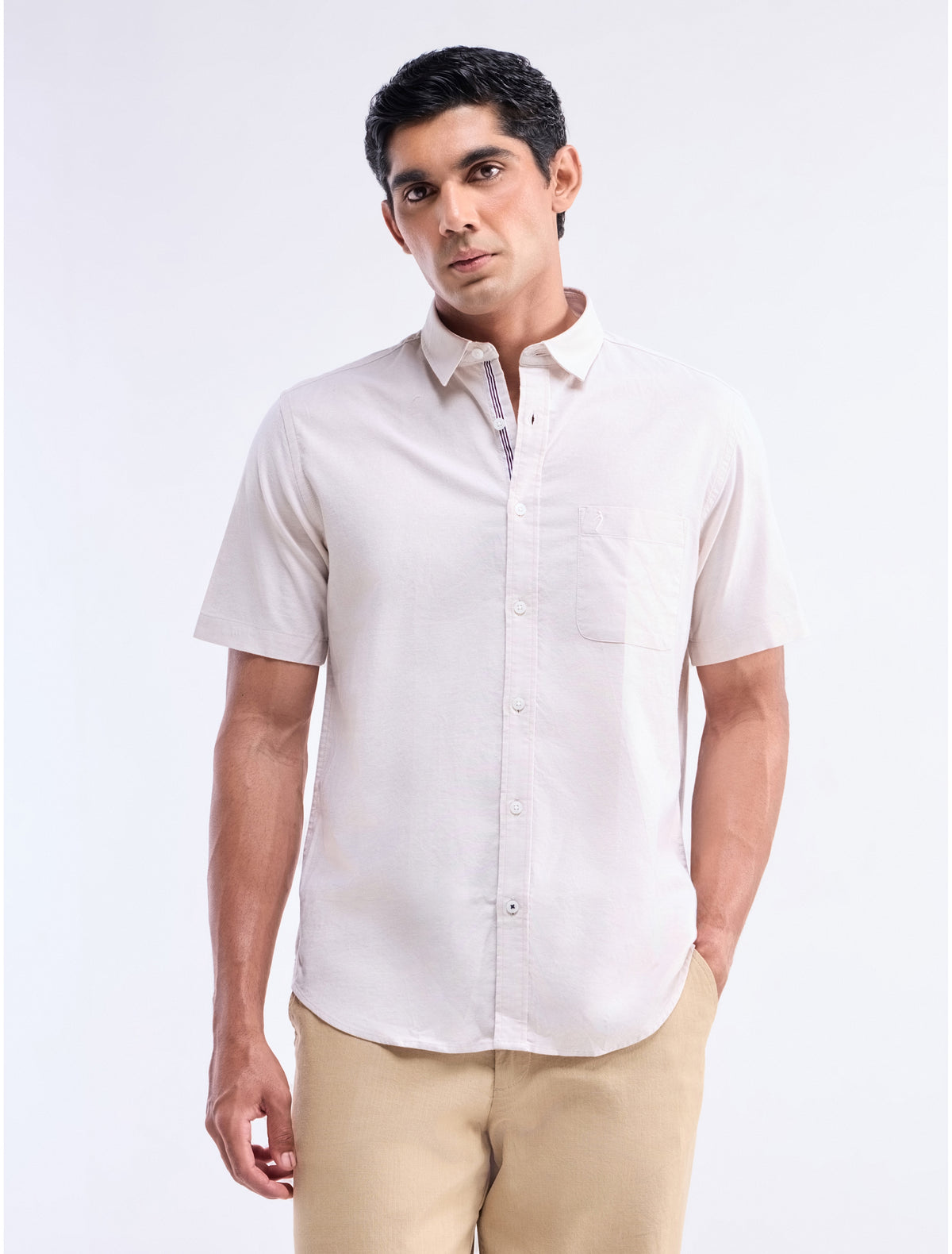 Solid Half Sleeve Cotton Stretch Shirt - Khaki t4option_0