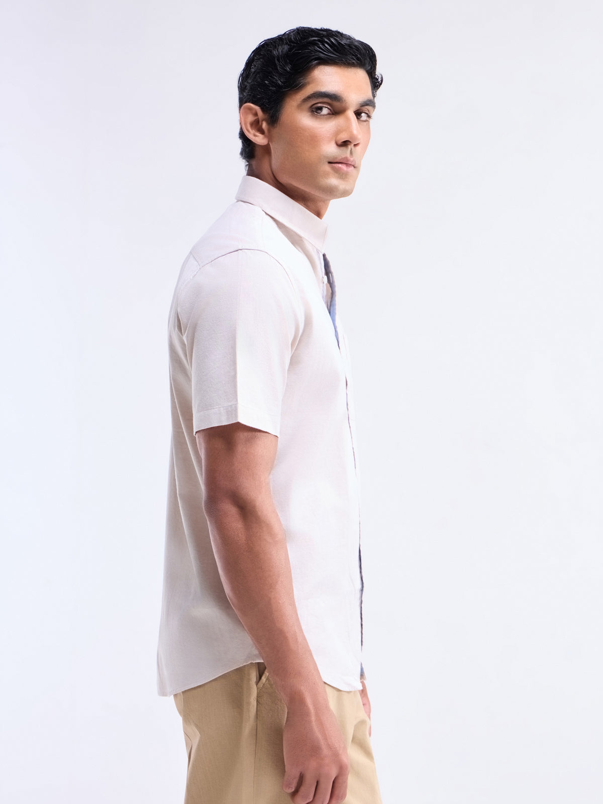 Solid Half Sleeve Cotton Stretch Shirt - Khaki t4option_0