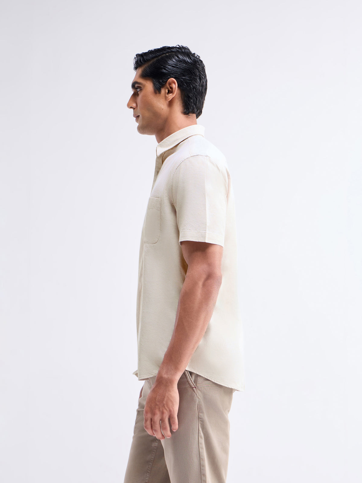 Solid Half Sleeve Cotton Stretch Shirt - Khaki t4option_0
