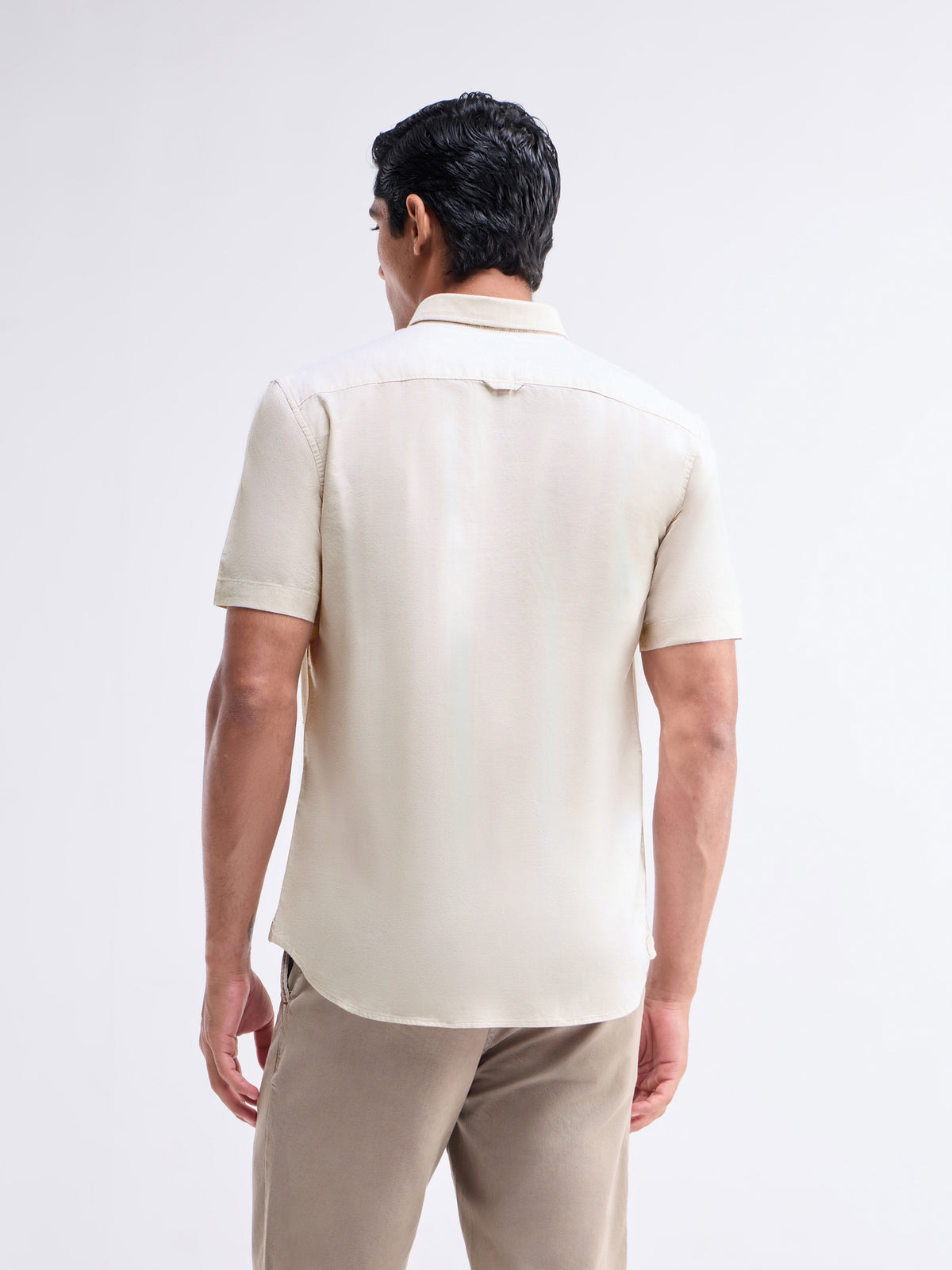 Solid Half Sleeve Cotton Stretch Shirt - Khaki t4option_0