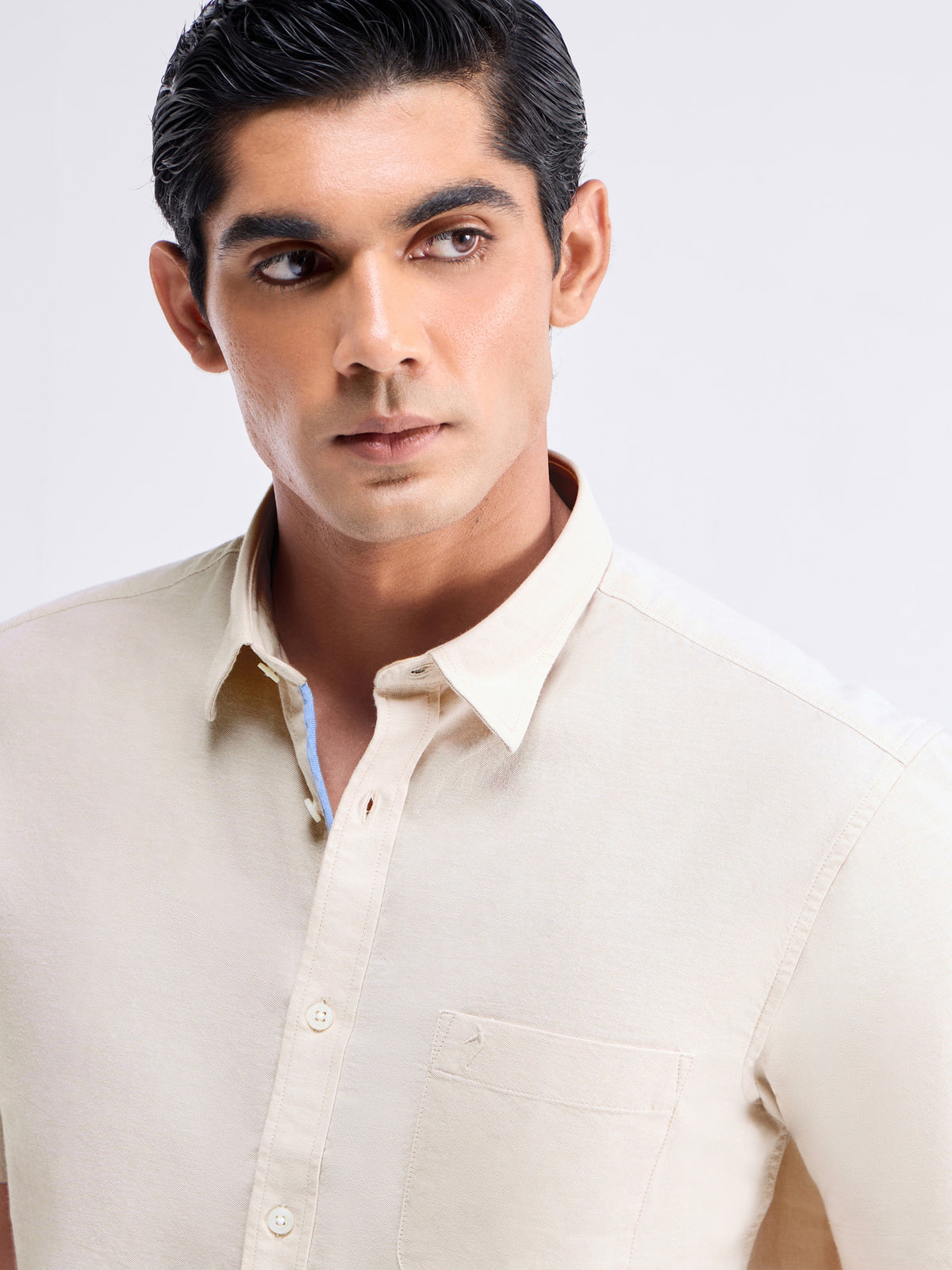 Solid Half Sleeve Cotton Stretch Shirt - Khaki t4option_0
