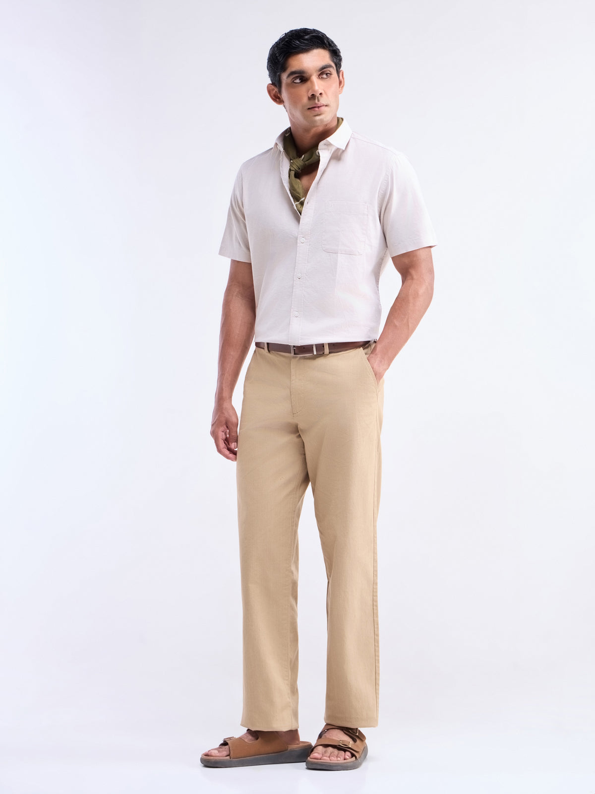 Solid Half Sleeve Cotton Stretch Shirt - Khaki t4option_0