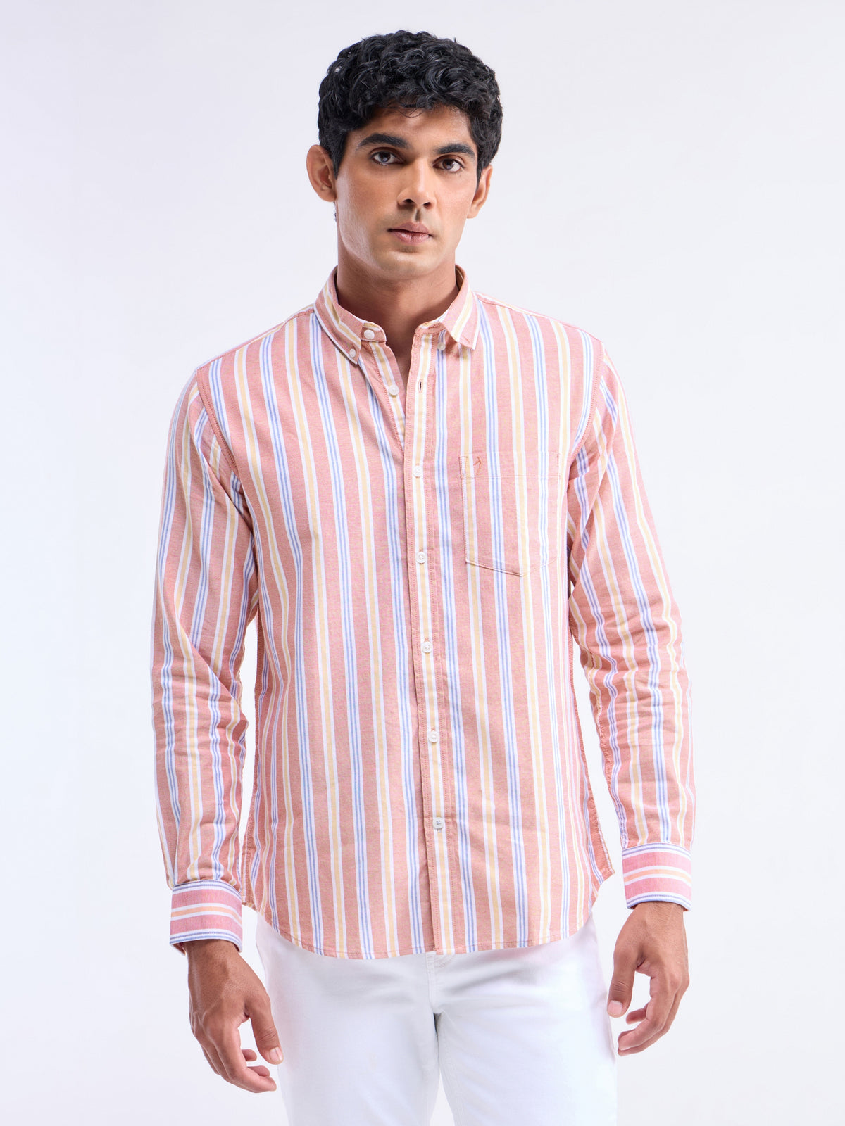 Orange Striped Regular Fit Shirt - Orange t4option_1