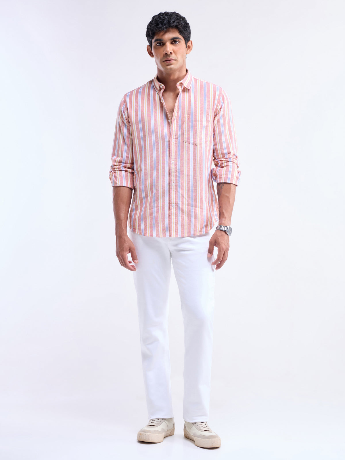 Orange Striped Regular Fit Shirt - Orange t4option_1