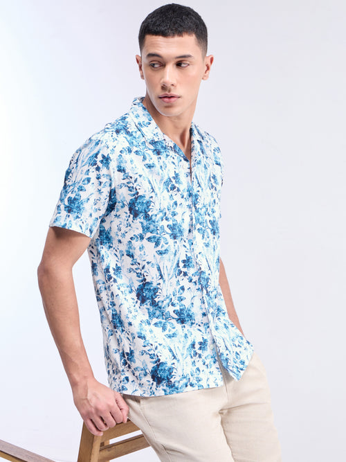 Denim Printed Slim Fit Shirt - Denim t4option_0
