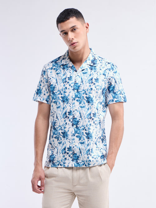 Denim Printed Slim Fit Shirt - Denim t4option_0
