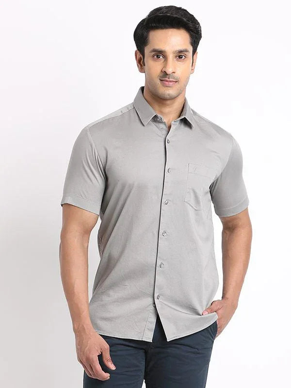 Men's Solid Half Sleeves Cotton Stretch Shirt