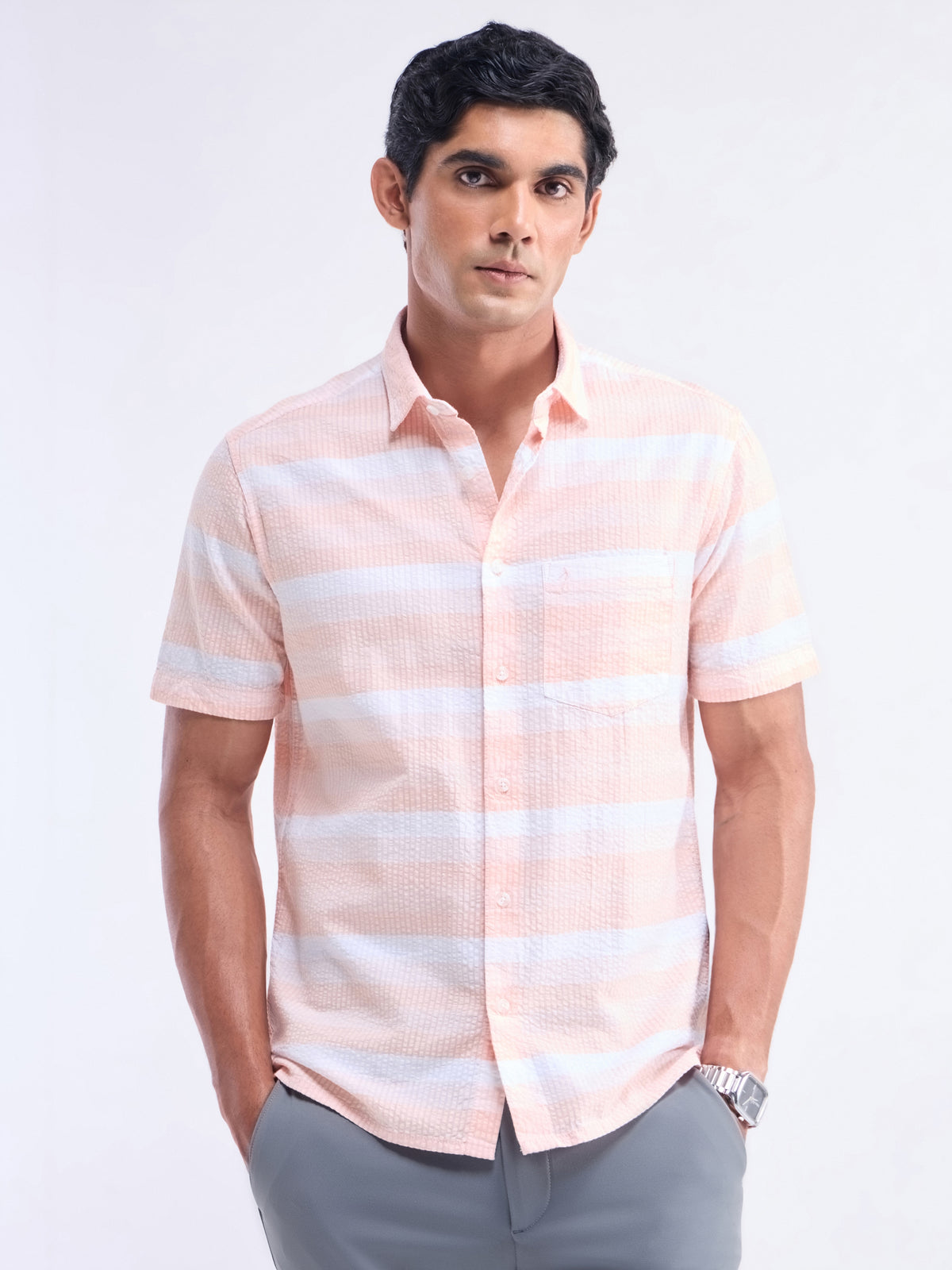 Striped Regular Fit Shirt - Peach t4option_1