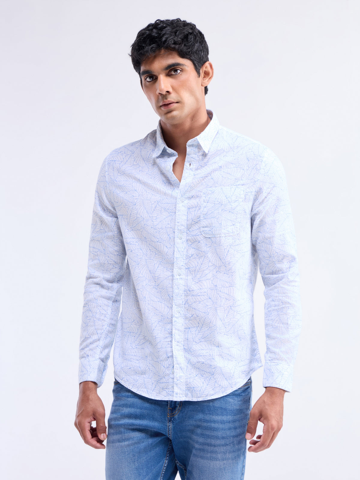 White Printed Slim Fit Shirt - White t4option_1