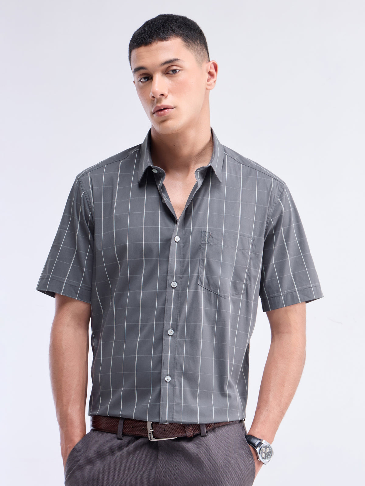 Grey check Regular Fit Shirt - Grey t4option_0