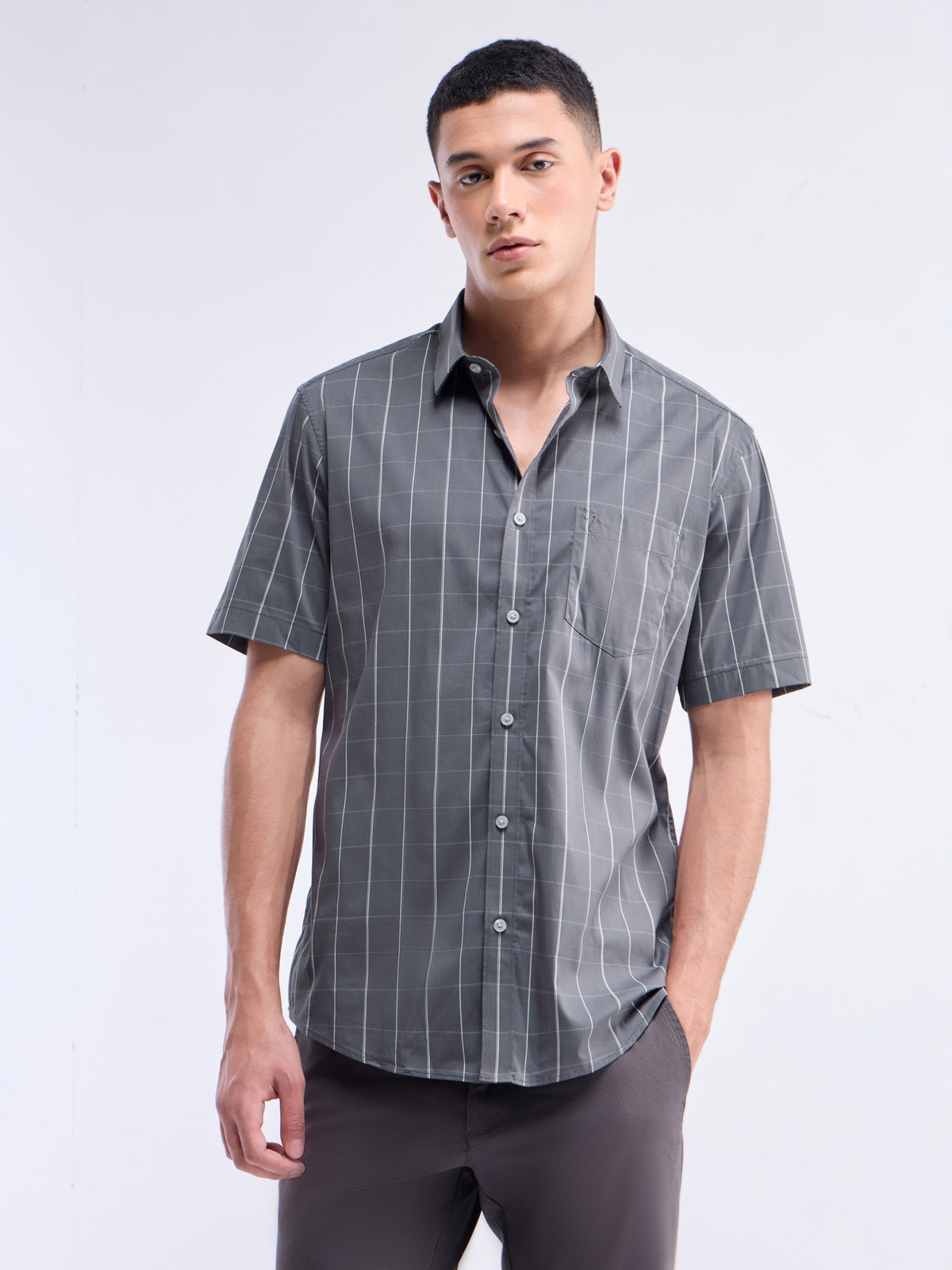 Grey check Regular Fit Shirt - Grey t4option_0